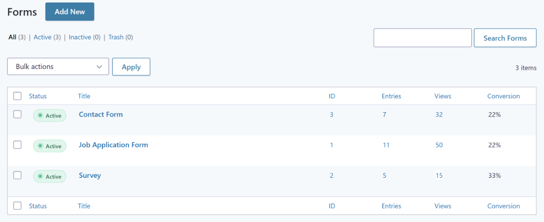 gravity forms form management screen