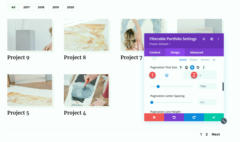Divi 필터링 가능한 포트폴리오 페이지 매김 스타일 1 텍스트 크기
