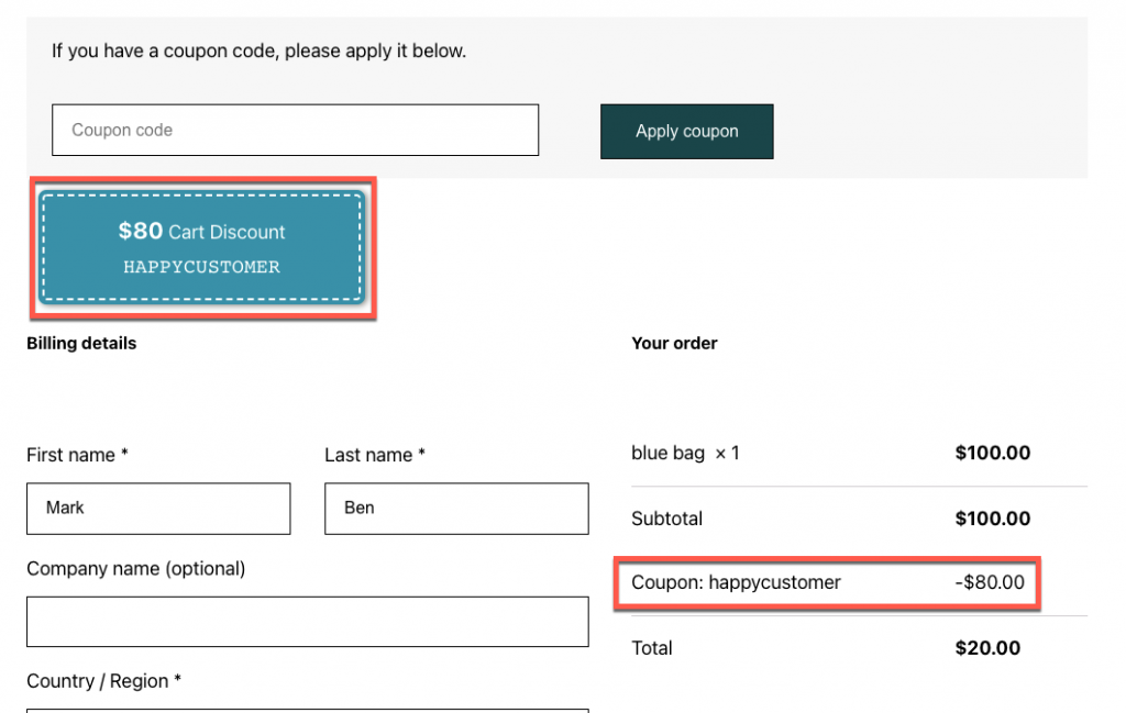 coupon applicato al momento del pagamento