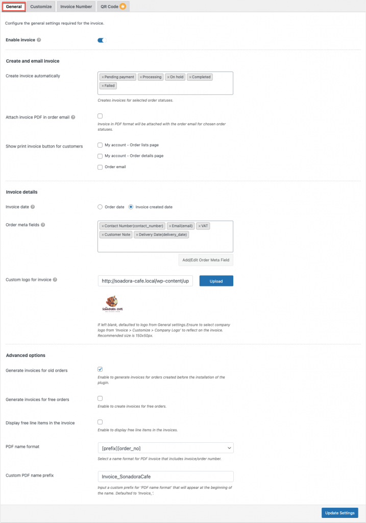 Configuración general básica para la factura