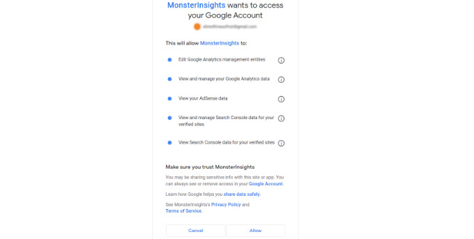 MonsterInsights に Google アナリティクス アカウントへのアクセスを許可する