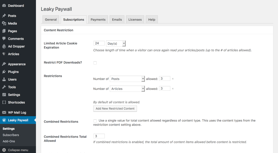 Leaky Paywall 대시보드.