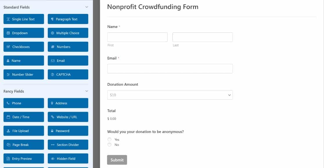 WPForms Nonprofit crowdfunding form template