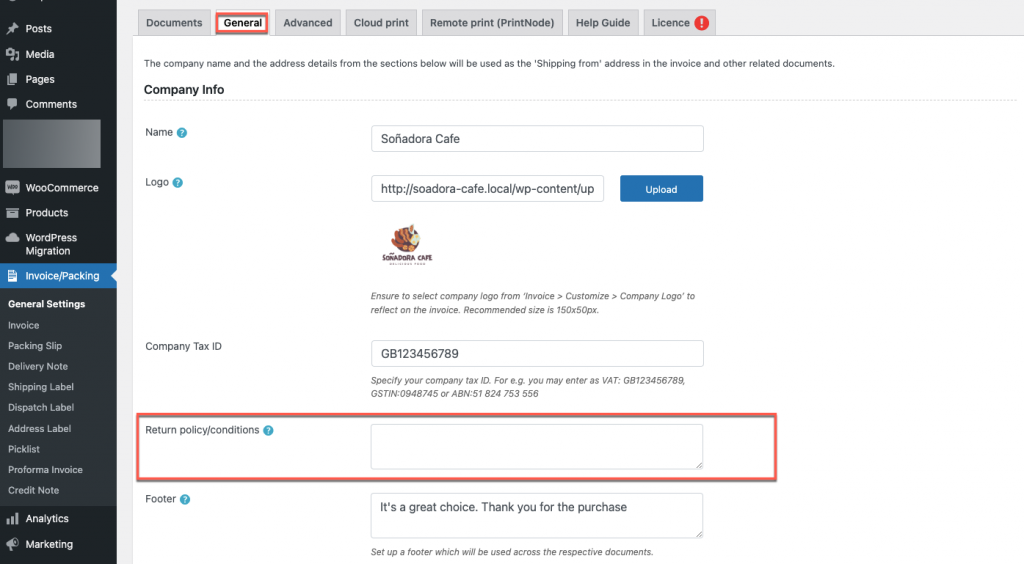 Política de devoluciones de la factura en PDF Premium Woocommerce