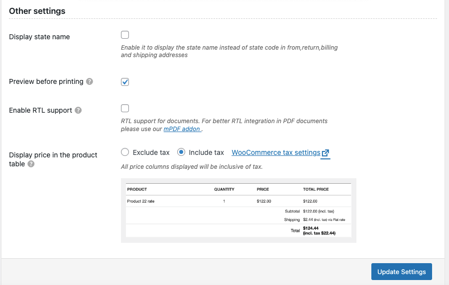 Outras configurações do plug-in de fatura em PDF do Woocommerce