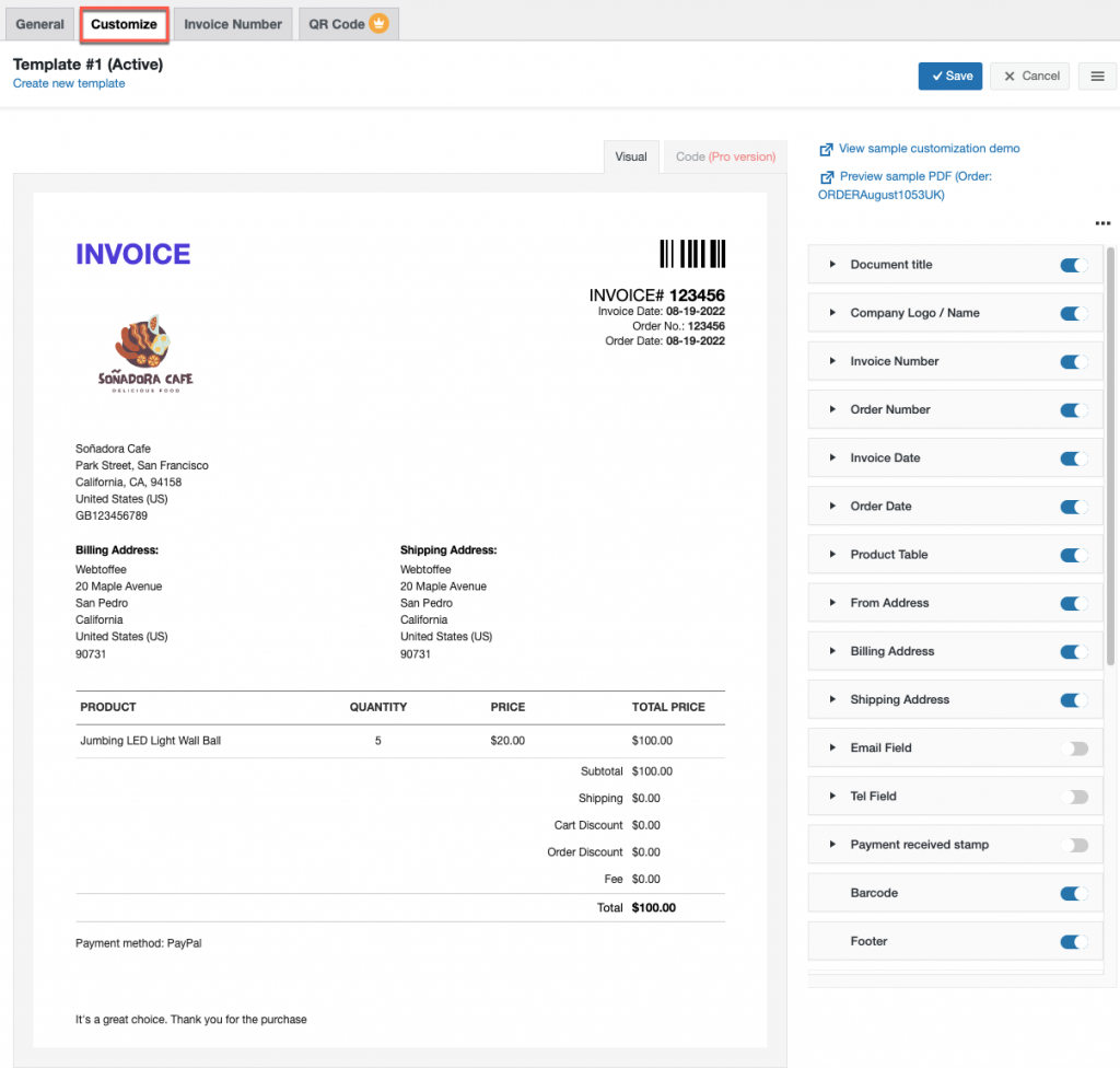 Customizador de fatura em PDF woocommerce