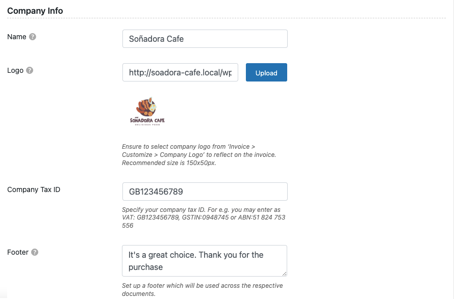Informações da empresa de fatura em PDF do Woocommerce