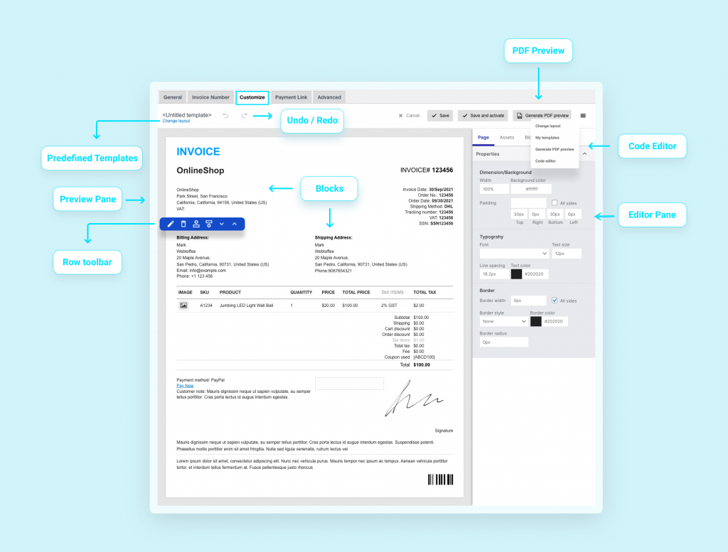 Komponente des dynamischen Customizers in PDF-Rechnungs-Woocommerce