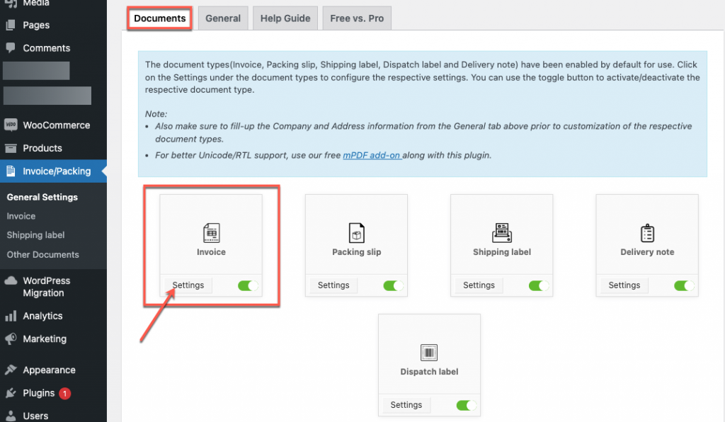 Página de configuración del complemento de factura PDF de Woocommerce