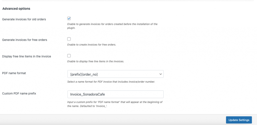 Erweiterte Optionen von PDF-Rechnungen woocommerce
