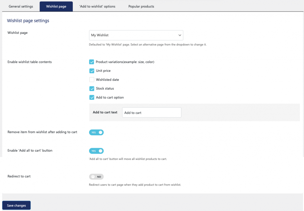 configuración de la página de la lista de deseos