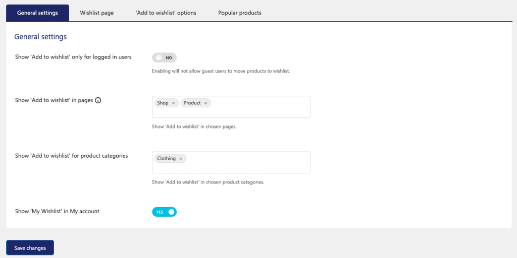 configuración general de la lista de deseos