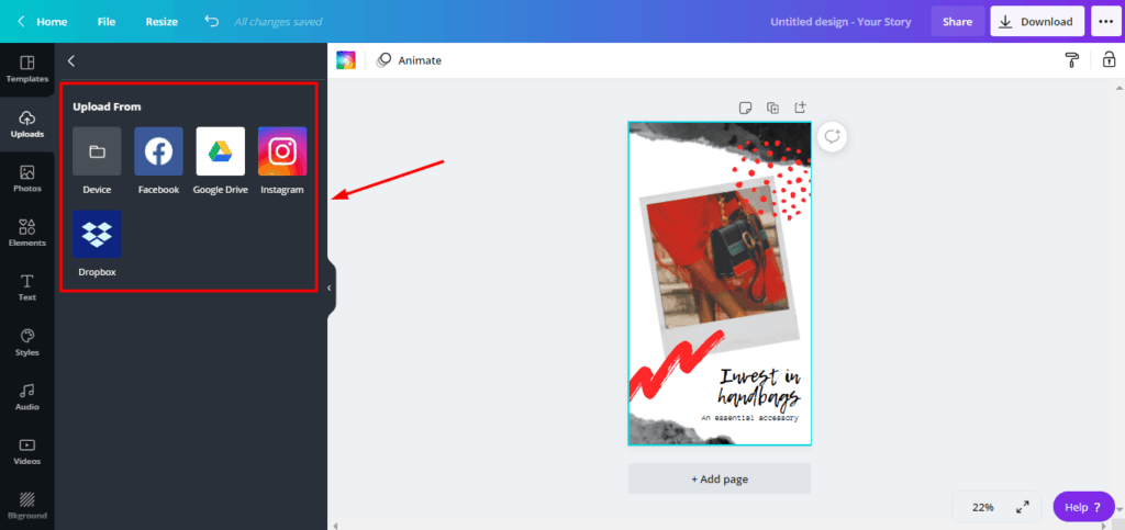 Opțiuni de import Canva Pro