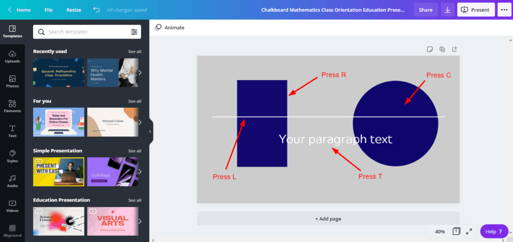 Comenzi rapide de la tastatură Canva