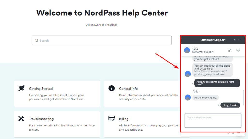 NordPass 實時聊天支持