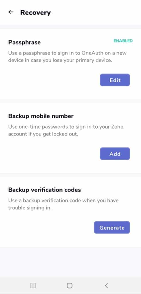 Zoho OneAuth 恢復選項