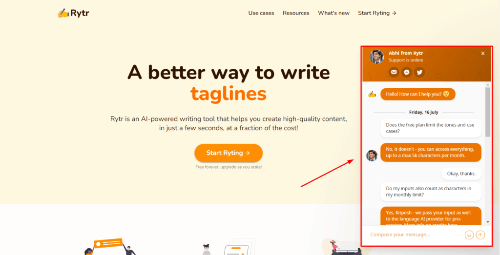 Dukungan obrolan langsung di Rytr