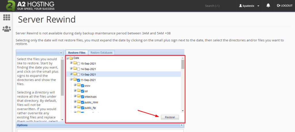 Server Rewind Backup di A2 Hosting