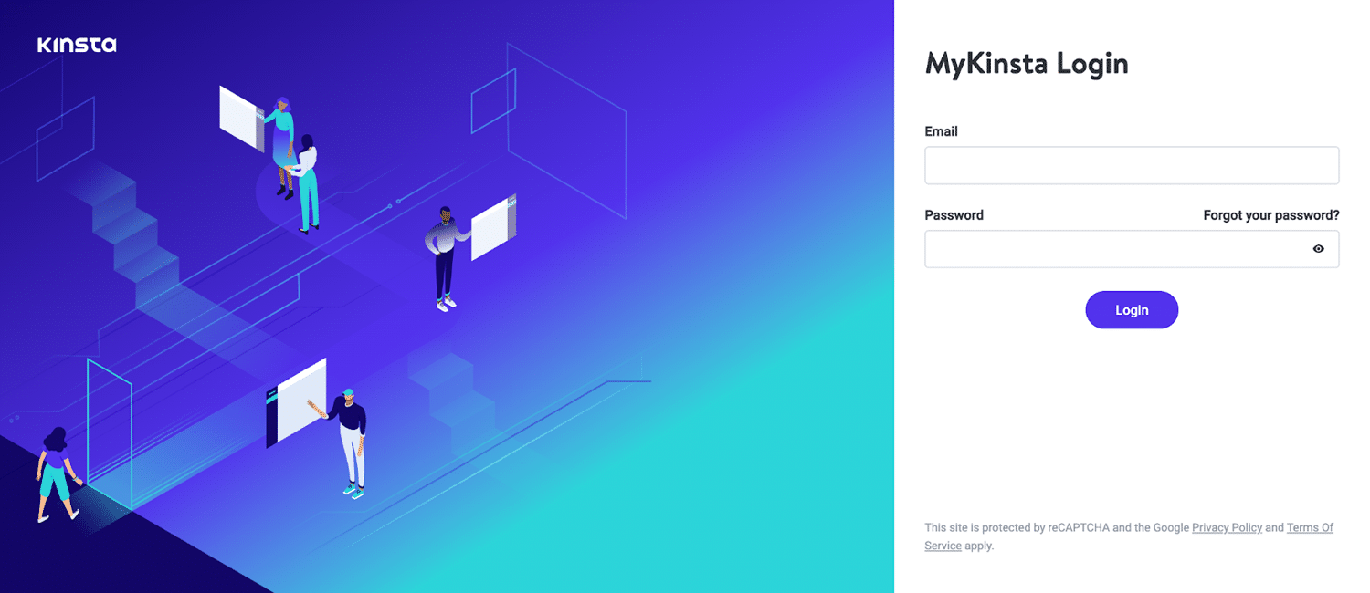 Pagina de conectare MyKinsta care arată 3 persoane care ating ecranele computerului în stânga. Partea dreaptă solicită adresa de e-mail și parola utilizatorului cu un buton de conectare dedesubt.