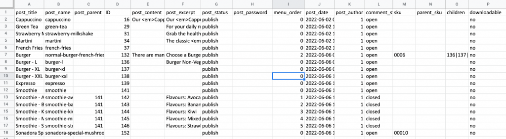 exemple de fichier de feuille de calcul de produits woocommerce exportés