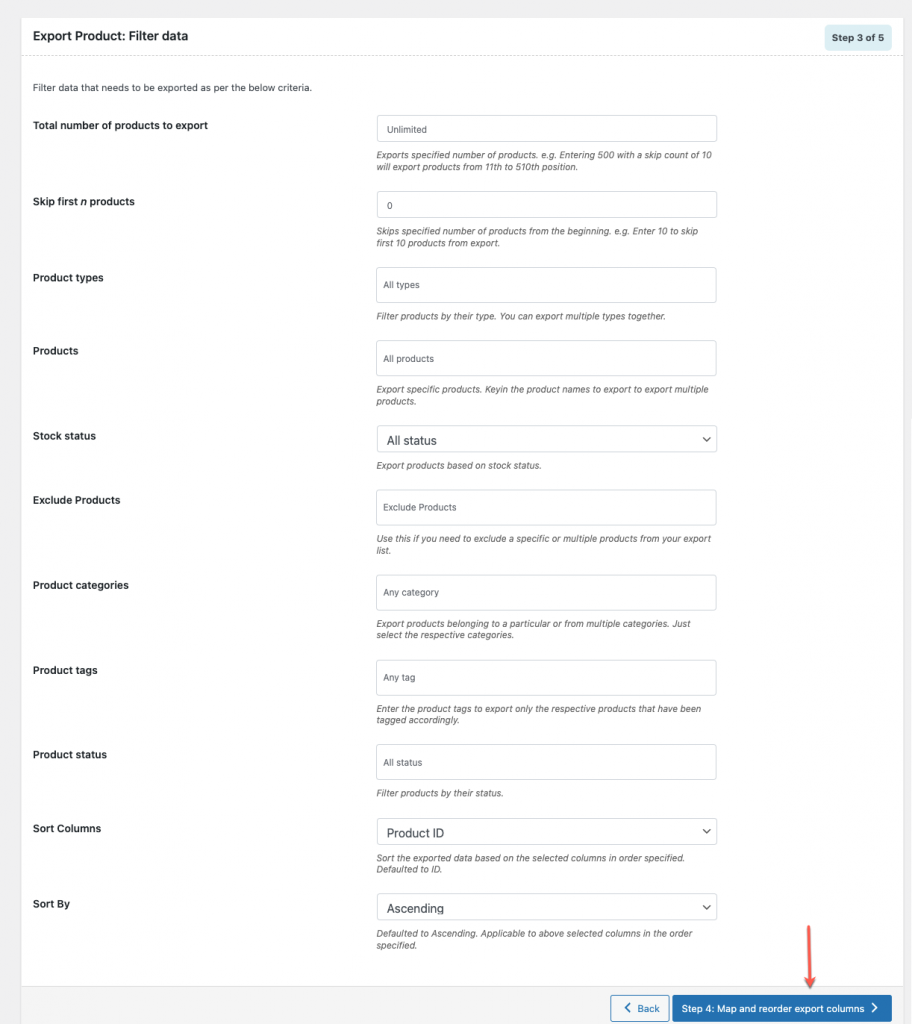 ข้อมูลตัวกรองผลิตภัณฑ์เพื่อส่งออกผลิตภัณฑ์ woocommerce ใน excel