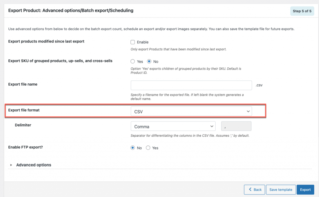 Formato de arquivo de exportação inicial em csv