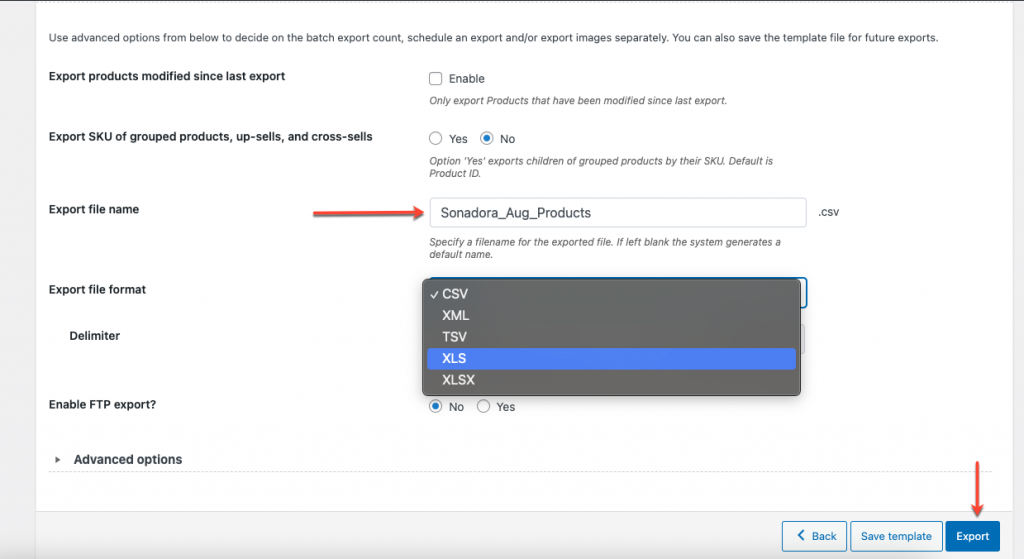 scegliendo il formato excel per esportare prodotti woocommerce