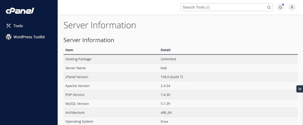ข้อมูลเซิร์ฟเวอร์ cPanel