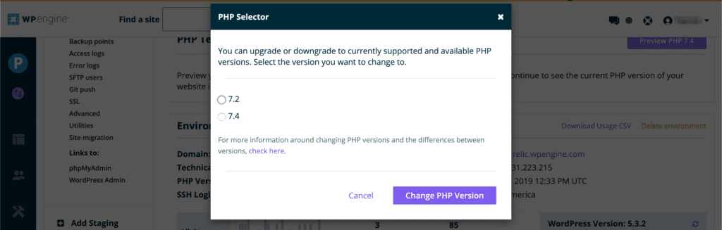 เปลี่ยนเวอร์ชัน PHP ใน WP Engine