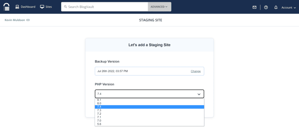 เพิ่มไซต์ Staging โดยใช้ BlogVault