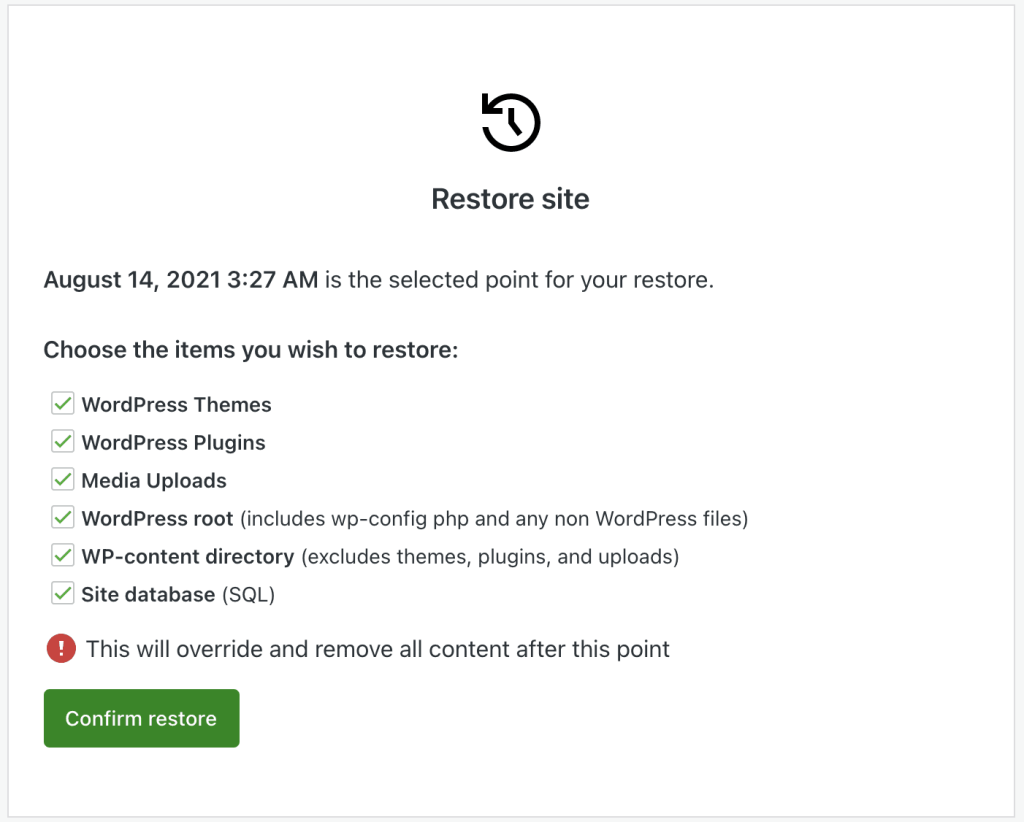 opções para restaurar um backup com o Jetpack