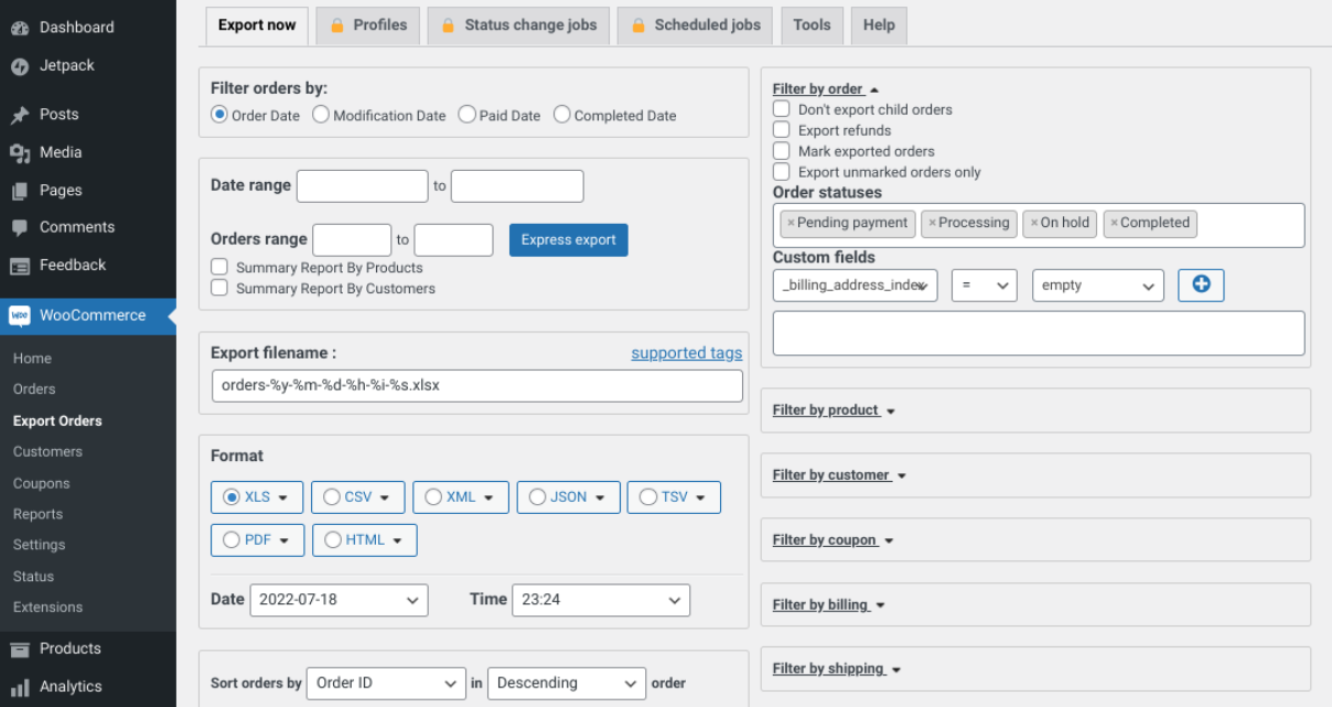 configurando as configurações para exportar pedidos WooCoommerce