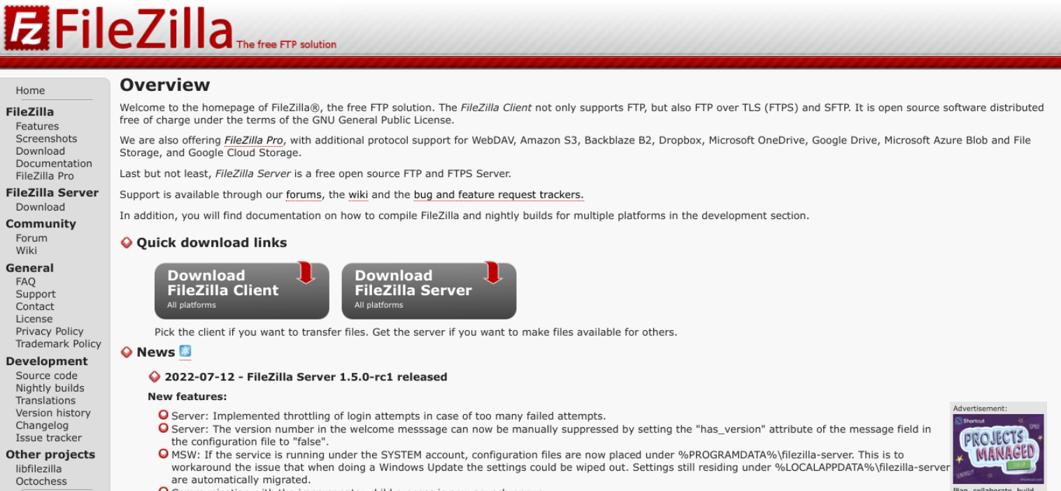 Página de download do FileZilla