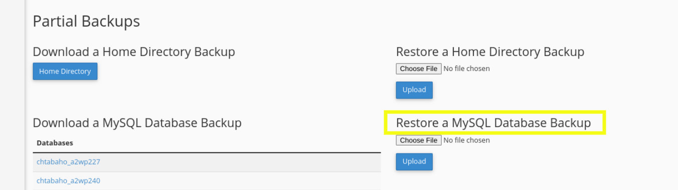 restaurando um backup de banco de dados via cpanel