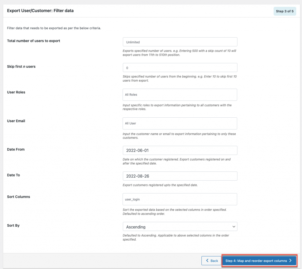 Opción de datos de filtro de usuario para filtrar usuarios para exportar en WordPress