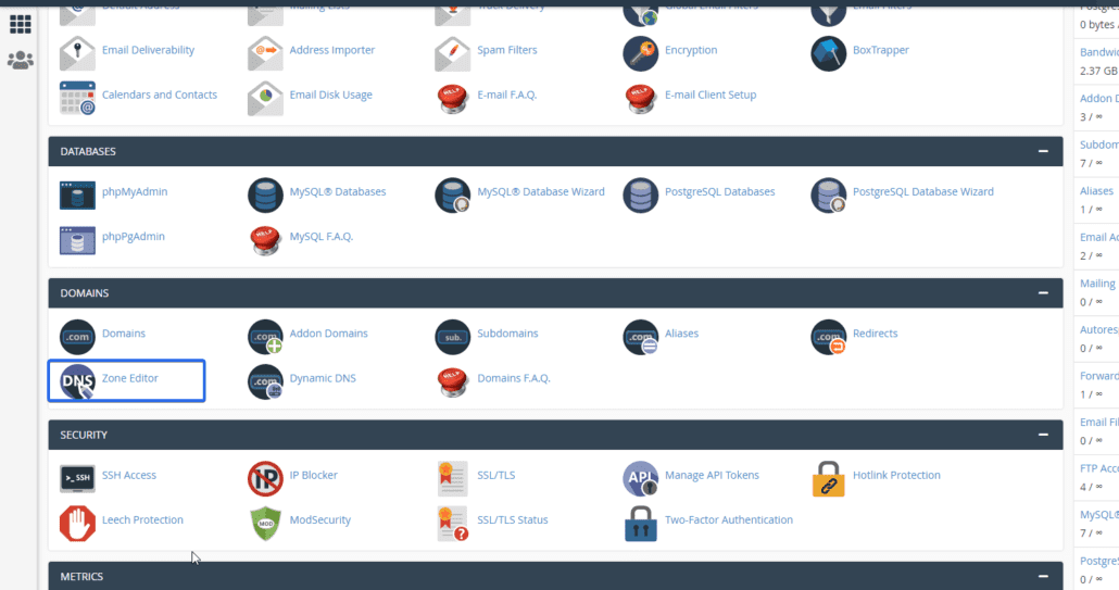 Editor Zona di dasbor cPanel