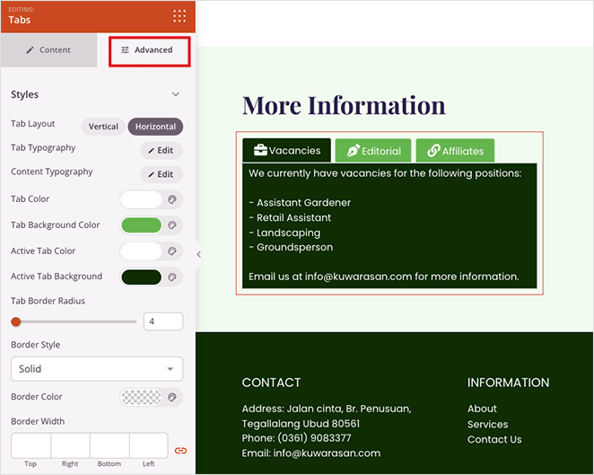 Pengaturan tab lanjutan