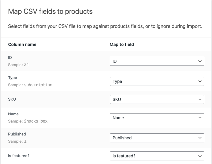 сопоставить поля подписки csv с продуктами