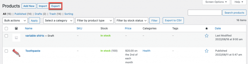 ส่งออกผลิตภัณฑ์สมัครสมาชิก woocommerce