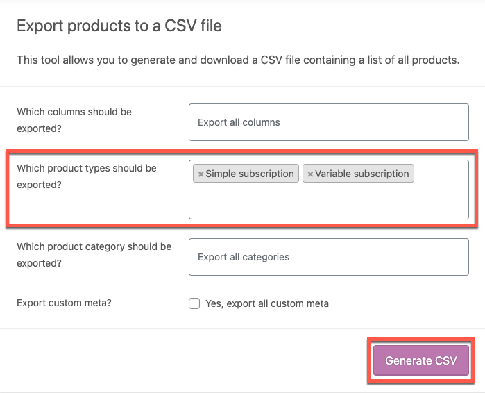 将订阅产品导出到 csv 文件