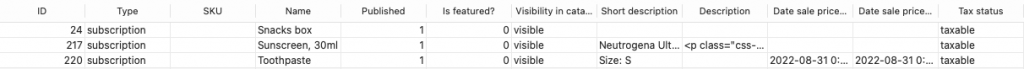 ตัวอย่างไฟล์ csv พร้อมผลิตภัณฑ์สมัครสมาชิก woocommerce