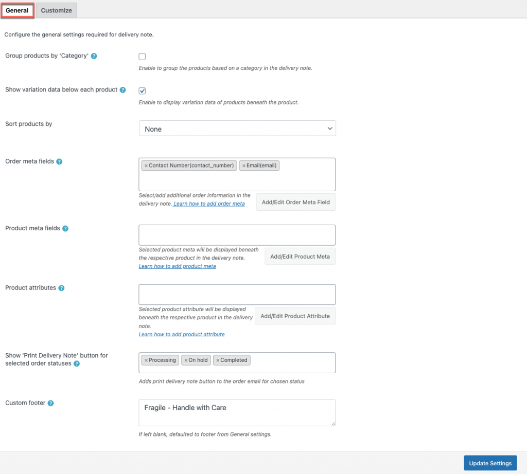 Configurações gerais premium do plug-in de faturas / guias de remessa em PDF