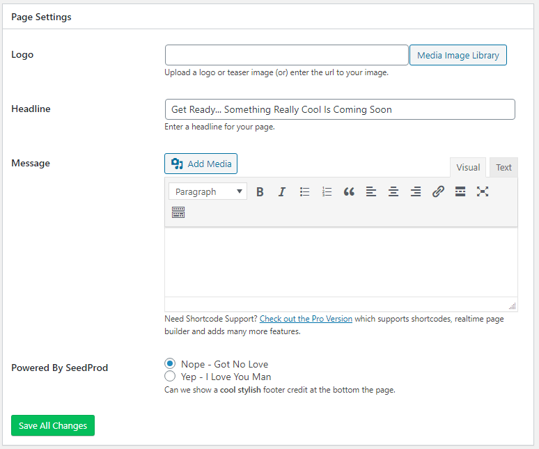 Setările paginii de conținut