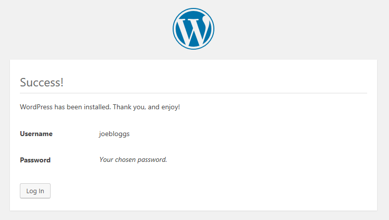 Ecran de succes WordPress după instalare