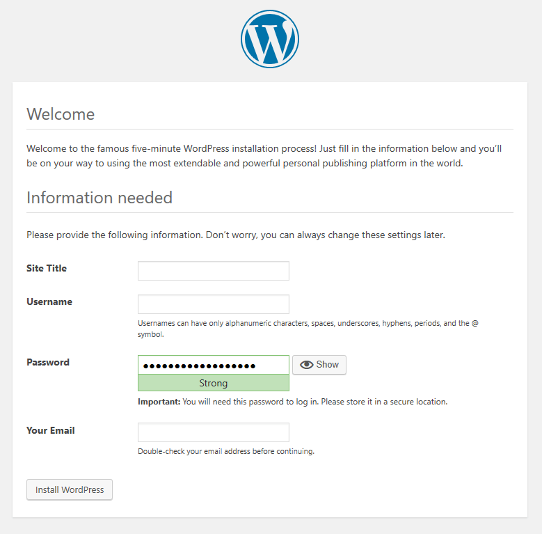 Tela do instalador de 5 minutos do WordPress