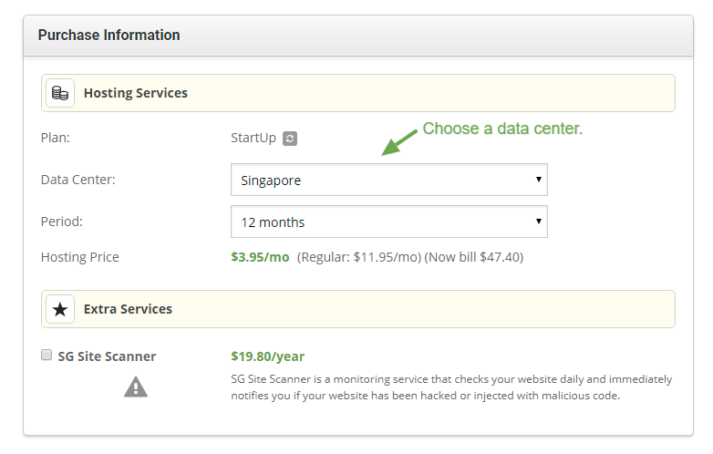 processo de inscrição no siteground escolha um data center