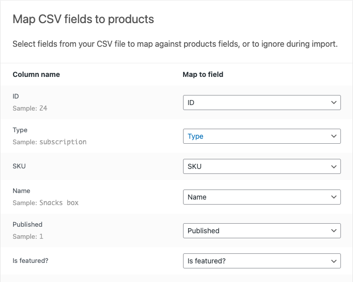 asignar campos CSV para importar la configuración predeterminada