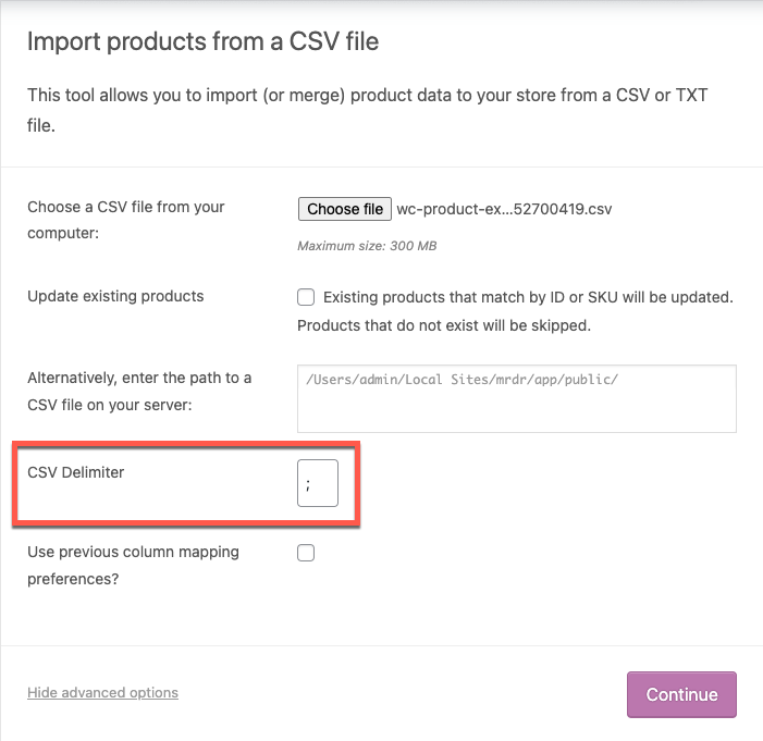 importar productos desde un método predeterminado de archivo CSV