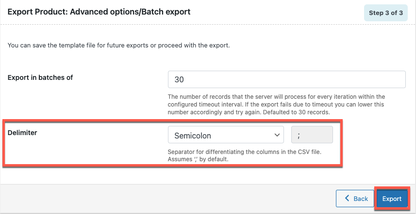 cambiar el delimitador al exportar productos de woocommerce