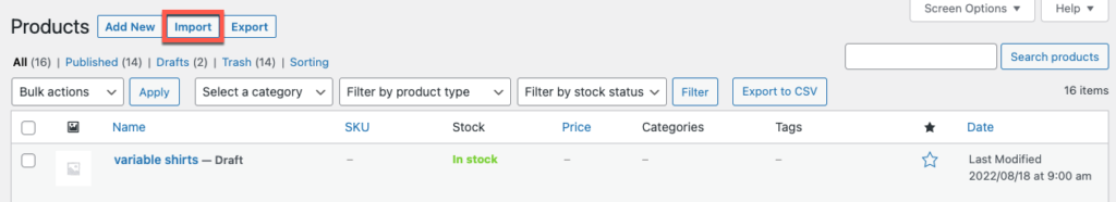 importar la configuración predeterminada de los productos de woocommerce